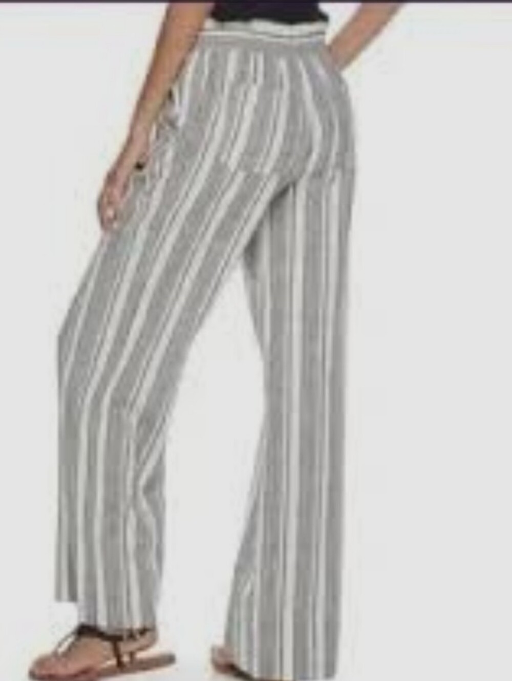 Rewind Striped Linen Blend Wide-Leg Paper Bag Pants - Black & White - Picture 2 of 14